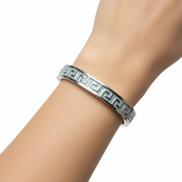 Greek Key Meander Hinged Cuff Bangle Bracelet Enamel Silver Tone Metal Classic - Picture 1 of 6